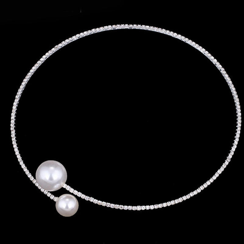 Wedding Necklace and Bangle Set Imitation Pearl Decor Full Rhinestones Jewelry for Ladies and Mother Decoration