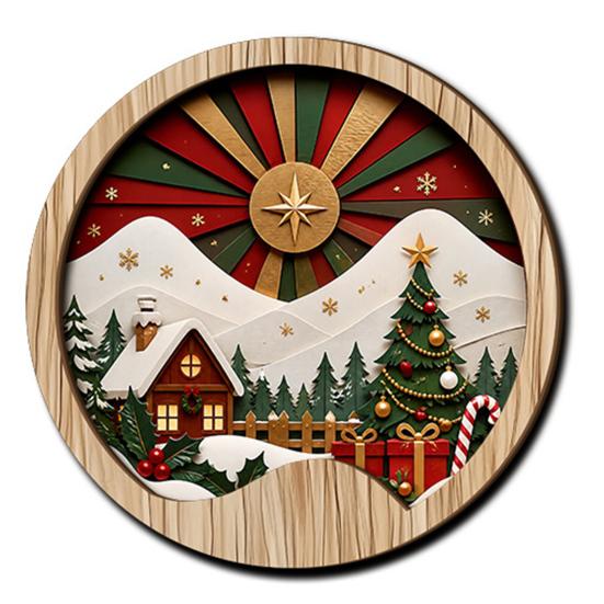 Multi Layered Wood Wall Sculpture Round Wooden Winter Mountain Art with 3D Snow Scenery for Holiday Handcrafted View Decor Home Decor, Rustic