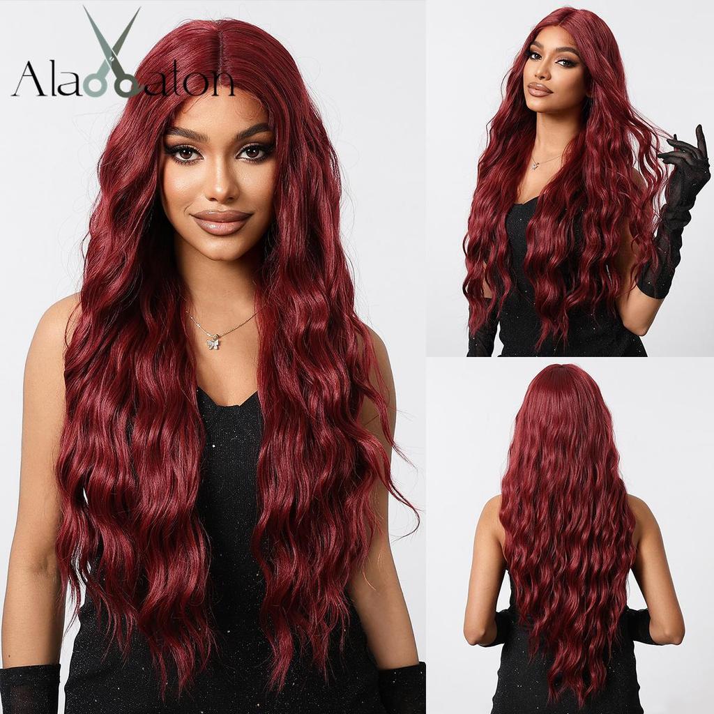 ALAN EATON Synthetic Wine Red Lace Front Wigs Long Water Wave  Wig for Women Hair Party Daily High Quality High Density
