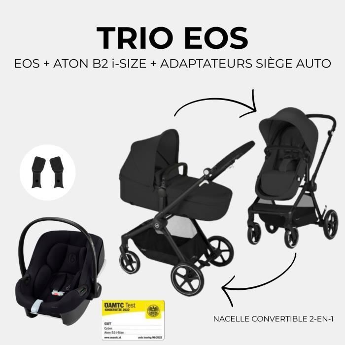 CYBEX Kočárek Trojkombinace EOS BLACK Moon Black : Konvertibilní kočárek 2v1 + Autosedačka Aton B2 i-size + Konvertibilní houpátko Korbička