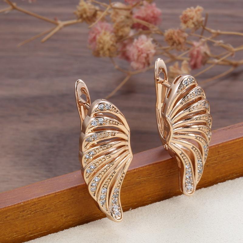 585 rose gold temperament sweet angel wings zircon stud earrings, personalized super fairy ear buckle earrings for women