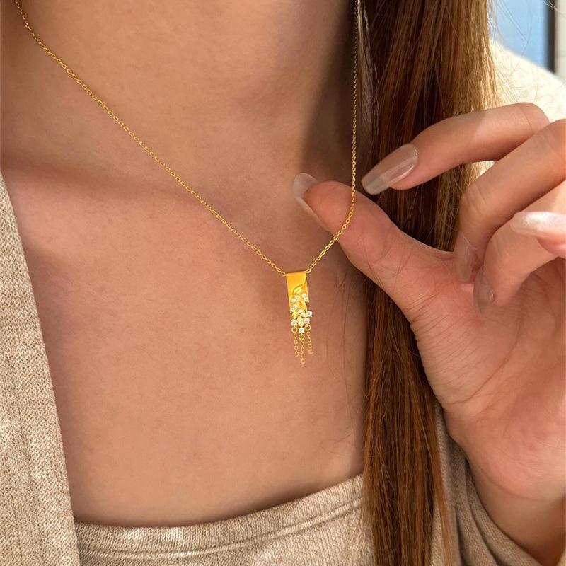 New Chinese style cold zircon square wheat ear tassel necklace accessories women's exquisite sweater chain necklace
