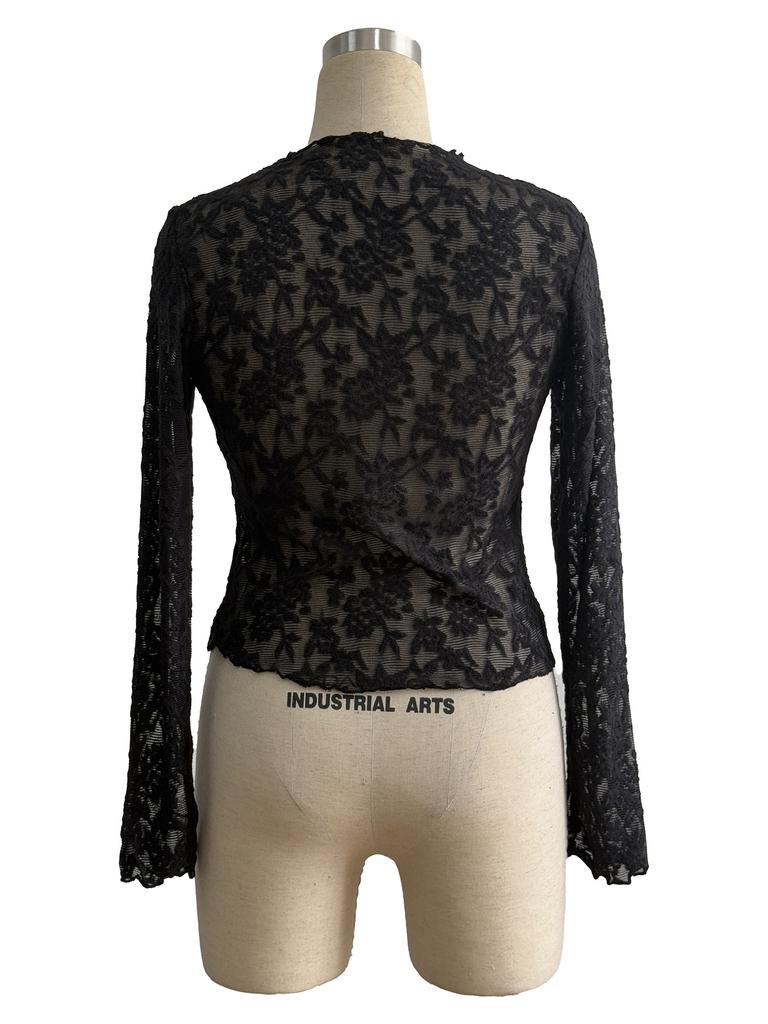 Ins Women's Stand Collar Sheer Lace Slim Long Sleeve T Shirt Top Women Fashion Daily Basic Office Lady Casual Slim Fit Ladies Elegant Top