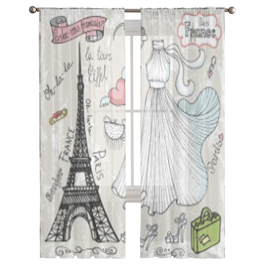 Set Of Paris Eiffel Towerletteringdressfaschion Elements Chiffon Sheer Curtains Living Room Bedroom Window Voiles Tulle Curtain