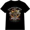 Stay Wild And Free Bikers Club Winged Wheel Flames Motorcycle Graphic T-Shirt.