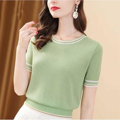 Maglietta in seta ghiacciata a maniche corte da donna, scollo rotondo, maglione in seta brillante, stile occidentale, colore abbinato, maglietta sottile