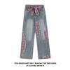 Women's Plaid Patchwork Wide-Leg Jeans with Bow Tie - Trendy Spring Casual Trousers