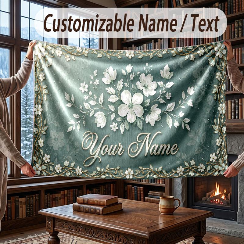 Floral Garden Theme Throw Blanket Custom Name Text Personalized Blanket Soft Cozy Blanket for Home Sofa Bed