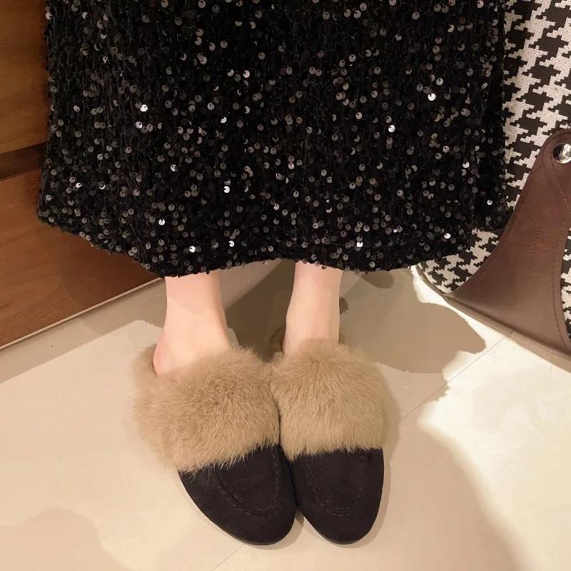 Fashion Slip On Simple Shoes Outwear Woman Warm Shoes Mules Natural Suede Flat Shoes for Women SlippersMules Women's Fur Flats Slippers
