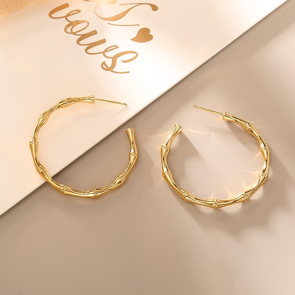 Elegant Minimalist Bamboo Hoop Earrings - S925 Silver Needle, New Metal Style, Perfect for Summer