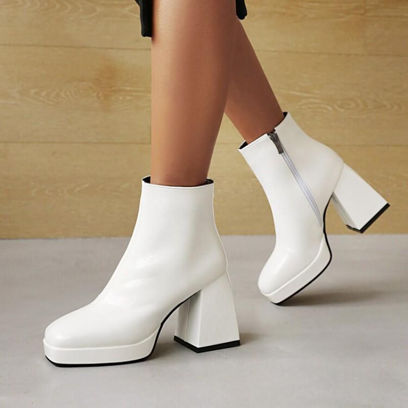 Damen Chunky Heel Quadratische Spitze Kunstleder Stiefeletten Mit Seitenreißverschluss Wasserdichte Plateau Herbst Winter Mode