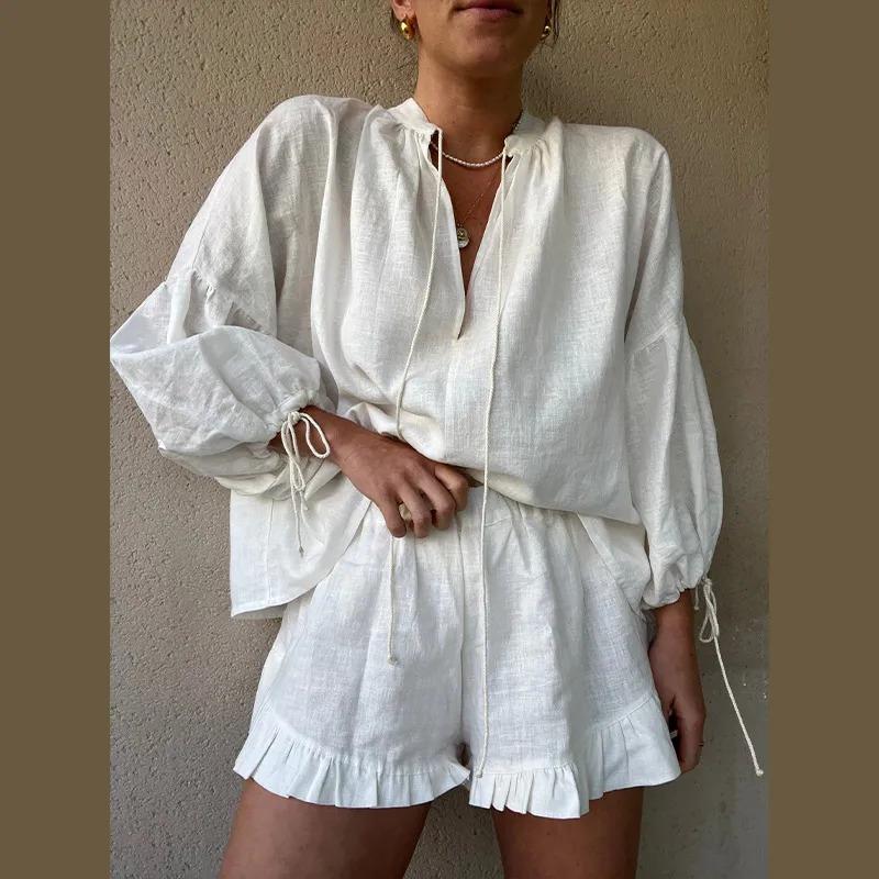 Women Casual Cotton Linen Ruffle Shorts Suits Long Sleeve Drawstring Linen Pullover 2 Ps Set Summer Ladies Beach Outfit Blouse