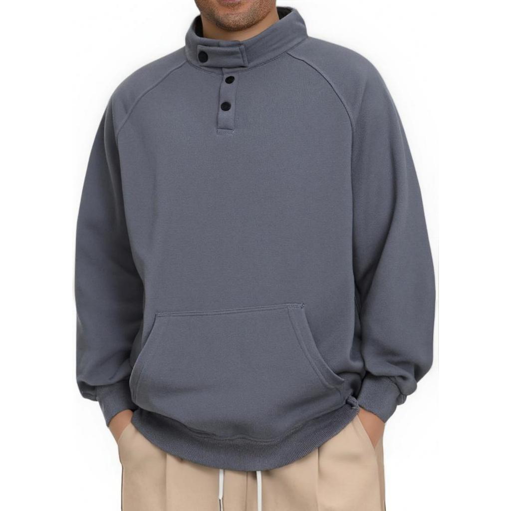 Men's Solid-color Casual Button-down Stand-up Collar Hoodie, Men's Loose Sporty Base Pullover Hoodie