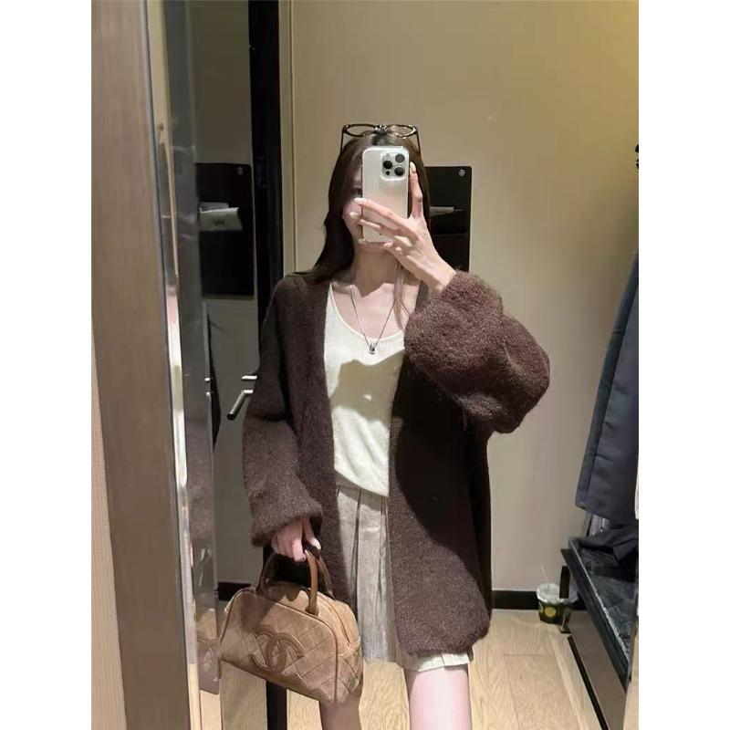 Autumn and winter new lazy style bark pattern fashionable versatile loose medium and long bubble sleeve knitted sweater jacket women