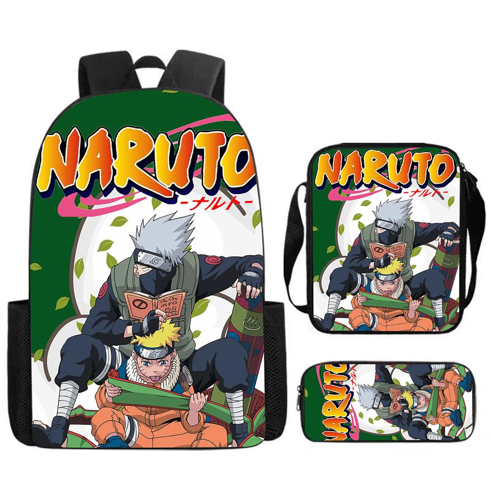 3Pcs Set NARUTO Anime Kids Backpack Mochila with Crossbody Bag & Pencil Case, Lightweight & Durable, for Ages 6-10 Boys & Girls