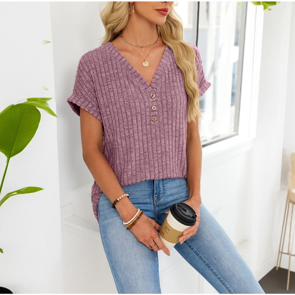 Summer Spring Women's Solid Color V-neck Button Short Sleeve Casual Knit T-shirt