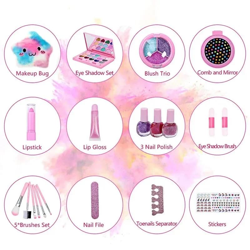 Girls Princess Makeup Kit Washable Pretend Cosmetics Toy Set with Nail Polish Eyeshadow Glittery Bag Gift for Kids Ages 3-6