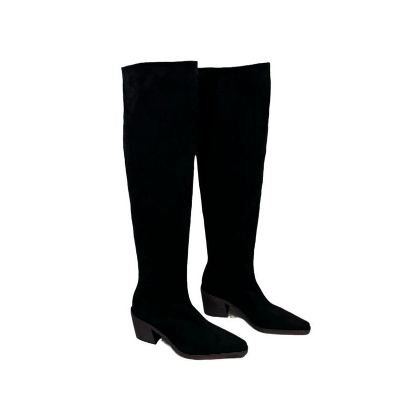 Wildleder hohe Stiefel zum Stapeln spitze Retro Western Cowboy Stiefel Herbst und Winter dünne Stiefel aber kniehoch Absatz Reiterstiefel