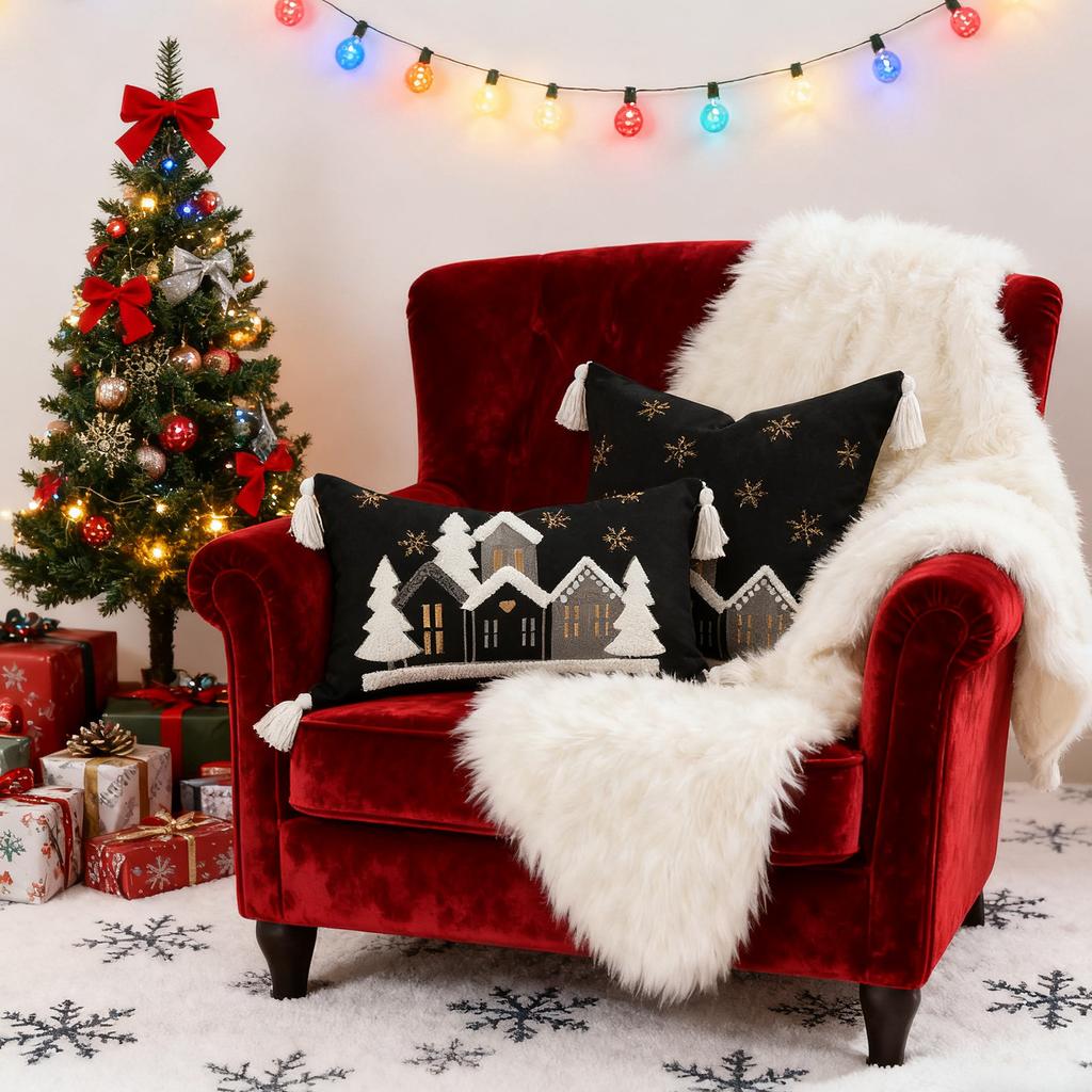 Christmas Snowflake Embroidery Throw Pillow Cover 45x45cm Red Winter Decor Farmhouse Cushion Case