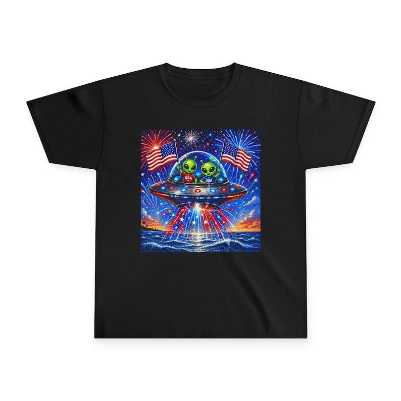 Alien UFO with American Flags Toddler Tee | Patriotic Fourth of July Space 130