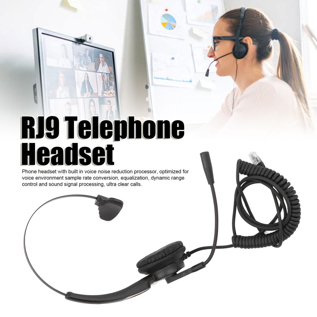 RJ9 Telephone Headset Noise Canceling Single Sided Spring Wire Headphone with Mic for Office Call Center Wired Telephone Headset