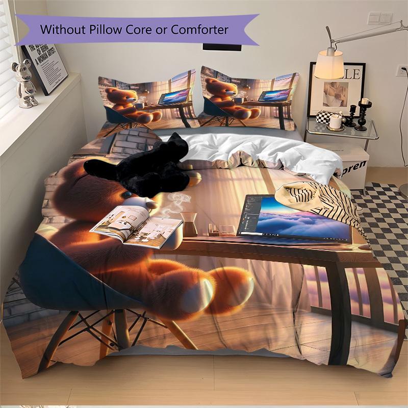 

3pcs Anime Teddy Bear Bedding Set - Includes One Quilt Cover and Two Pillowcases (No Core) - Perfect for Bedroom and Guest Room Decoration, 135x200cm