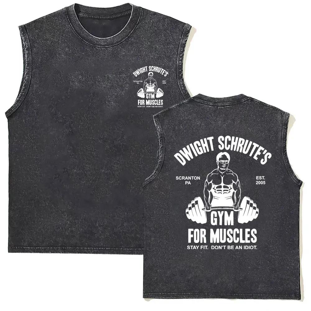 Men's Vintage Washed Sleeveless T-Shirt Powerhouse Gym Print Bodybuilding Tank Top Cotton Casual Muscle Fitness Vest