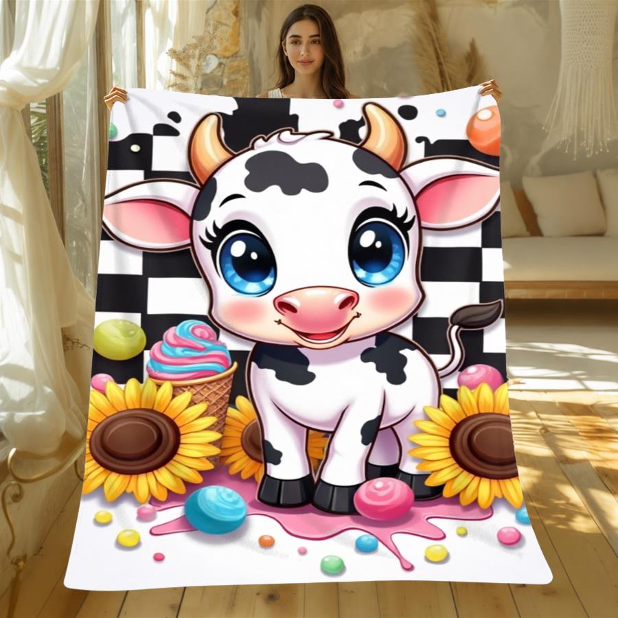 Newest Cute Cartoon Cow Sunflower Checkerboard Flannel Throw Blanket, Soft Animal Blanket for Bedroom Sofa Decor