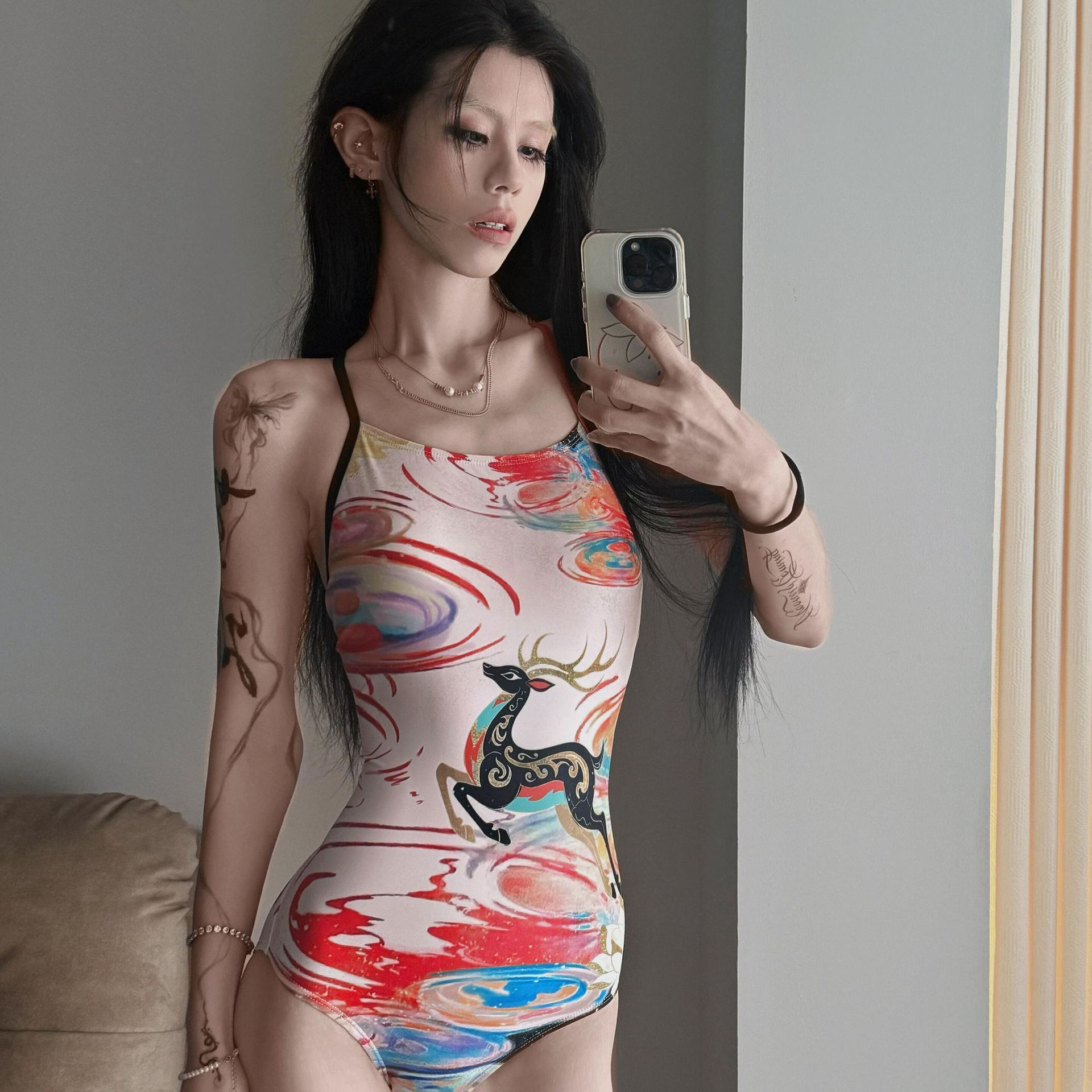 

ins niche foreign style nine-color deer print one-piece triangular racing swimsuit thin shoulder strap slightly fat large size M