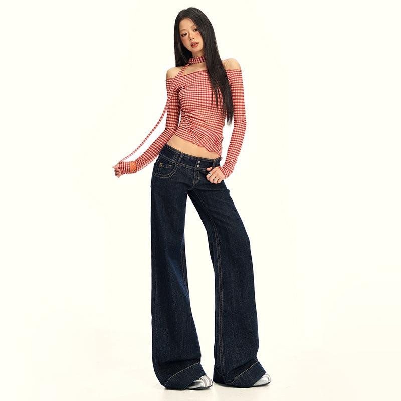25. OOTD: Americké Retro Tmavě Modré Micro-Flare Volné Zeštíhlující Dlouhé Džíny