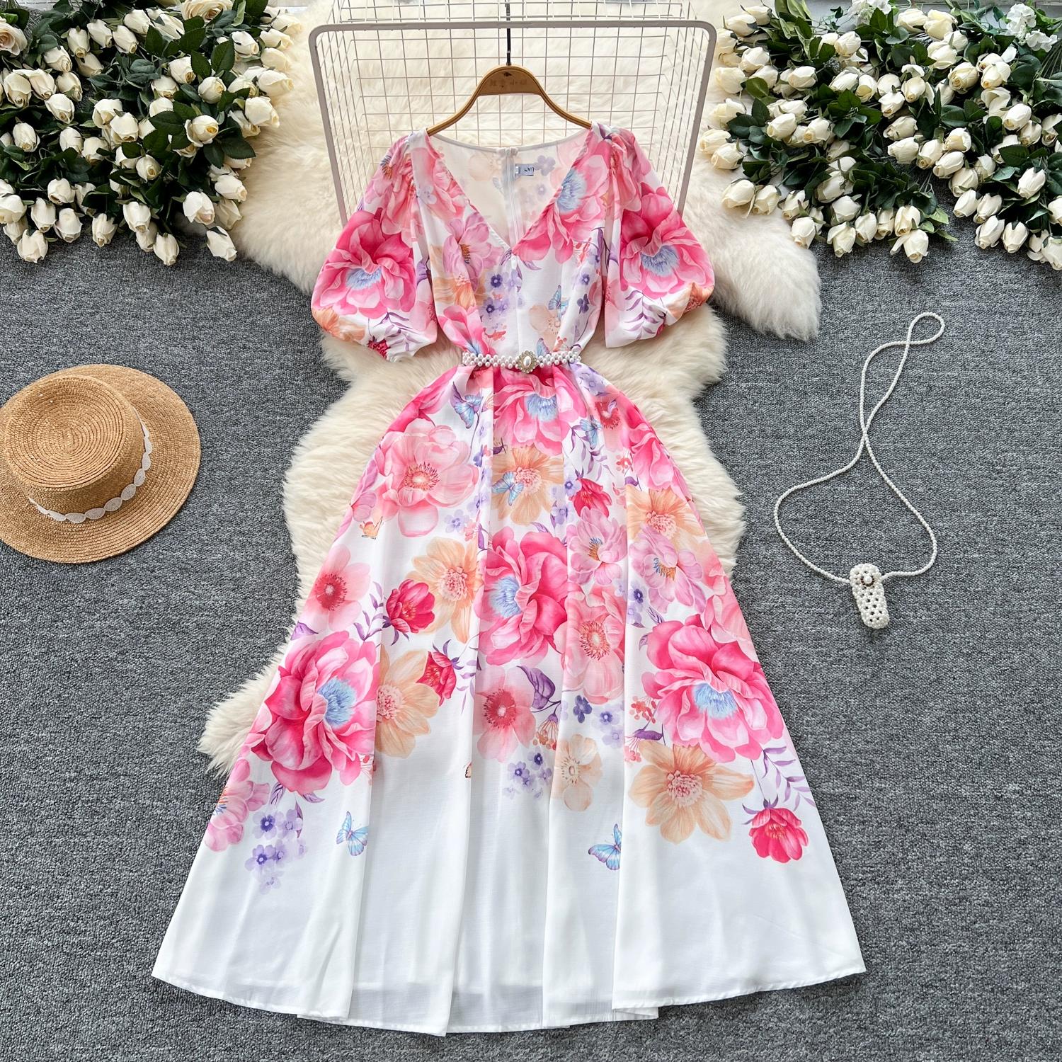 

Летние женские платья с V-образным вырезом и коротким рукавом, длинные макси, пляжные платья для отдыха с поясом XL розовый