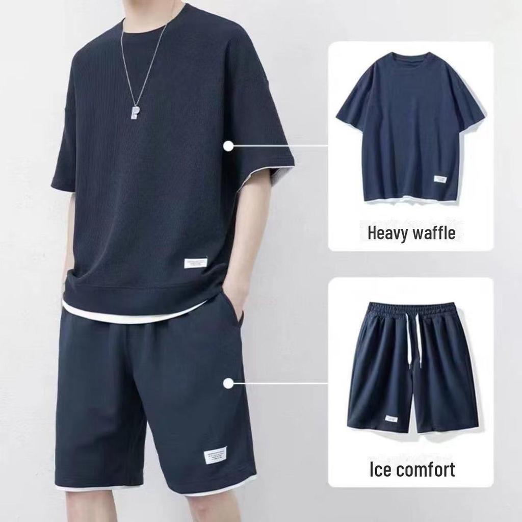 Youth Summer Ice Silk Waffle Suit Short Sleeve Tops + Shorts Casual Handsome Sports Two Piece Set