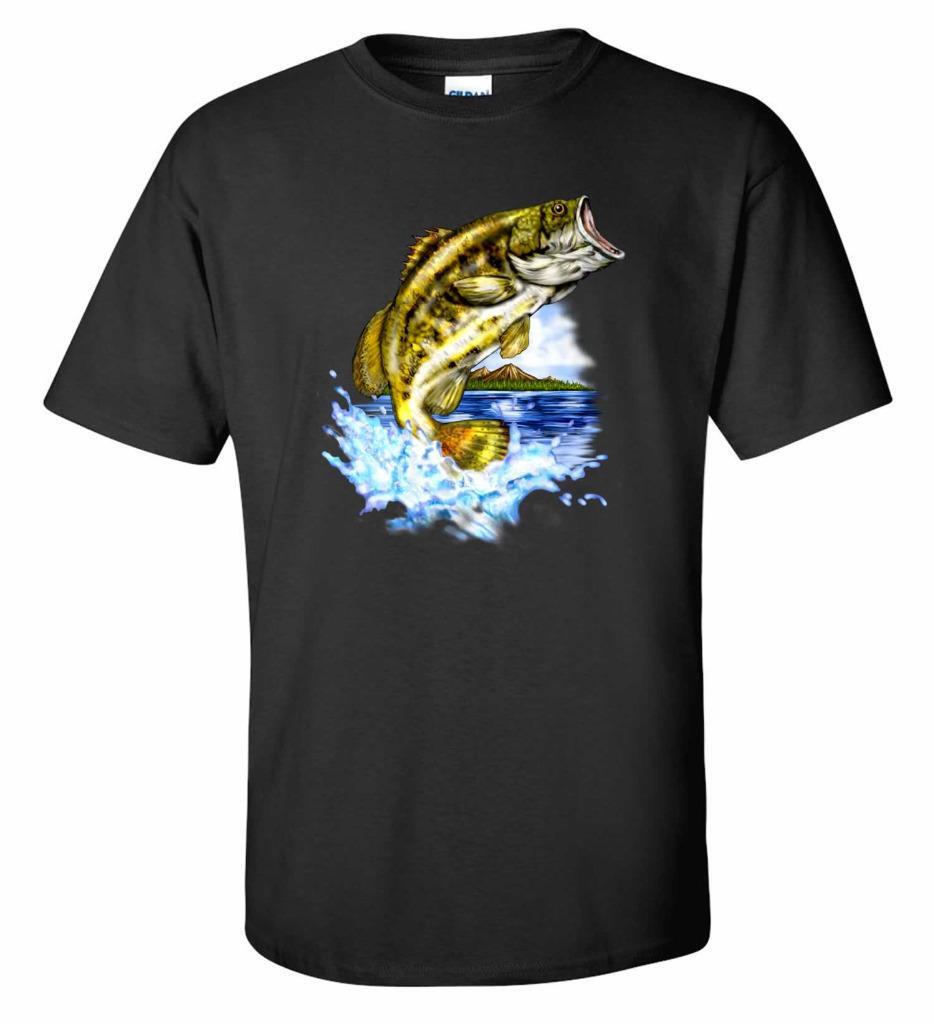 Largemouth Bass Jumping Fisherman Fishing T-Shirt L