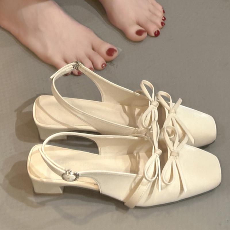 Women Heeled Sandals Bow Square Toe Dress Shoes Luxury Woman's Pumps 2025 New Designer Sexy Elegant Zapatillas De Mujer