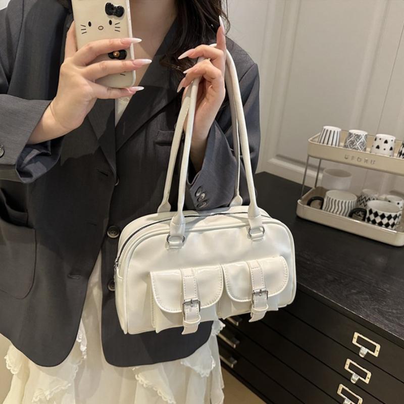 Fashion Women Patent Leather Tote Shoulder Bag Retro Style Satchel Purse with Buckle Pockets for Casual Daily Commute Streetwear