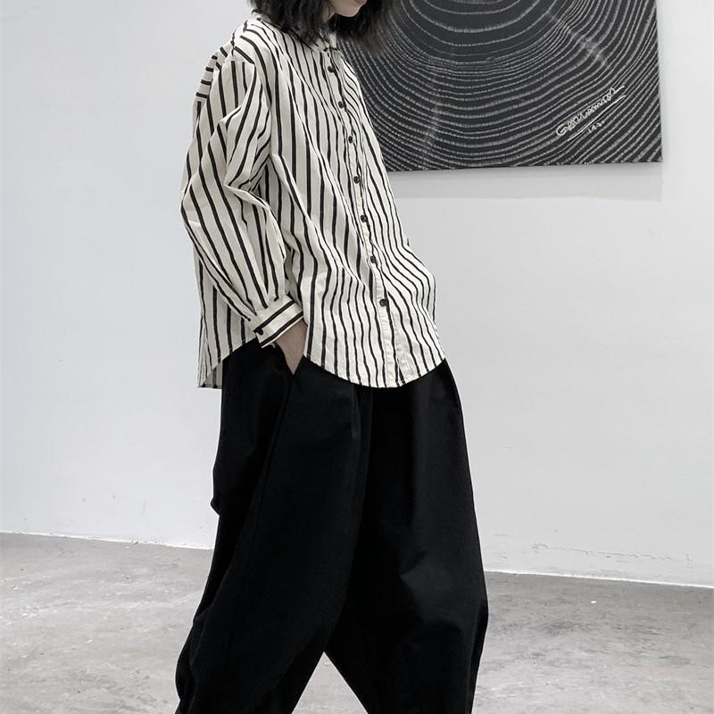 Johnature Simple Loose Striped Long Sleeve Shirt Spring Lapel Casual Loose Women Shirts
