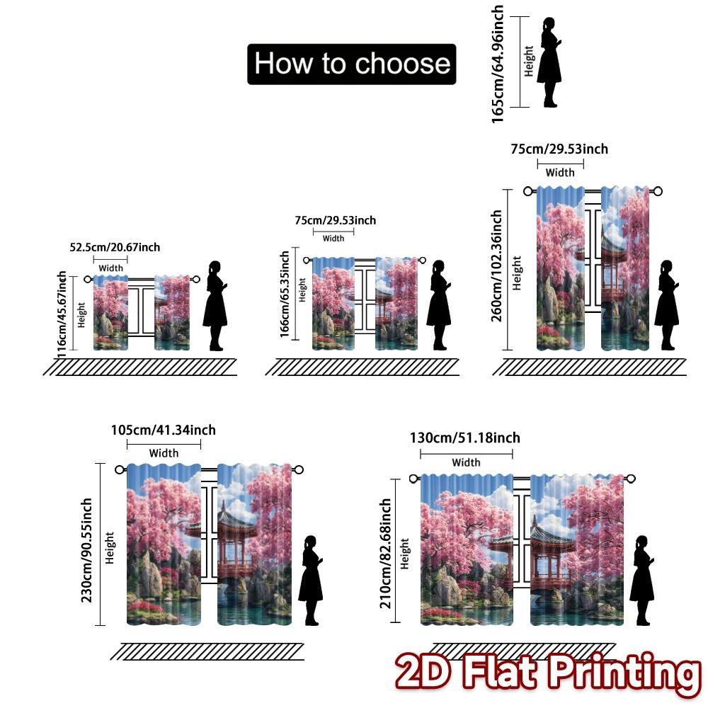 2pcs   2D FLAT PRINTING Curtains (Without Rod) CherryGardenPagoda Chic Curtains&Window Treatment Durable Polyester Curtains