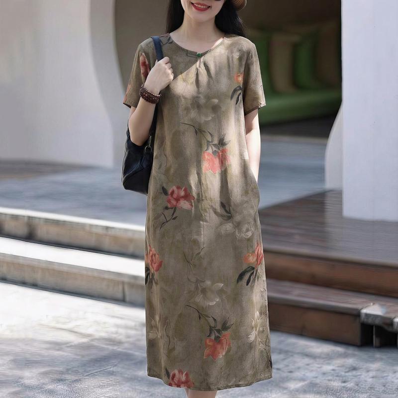 Elegante lange Kleider für Frauen in Übergröße, lockeres Kurzarm-Vintage-Kleid, Sommerkleidung für Damen mittleren Alters