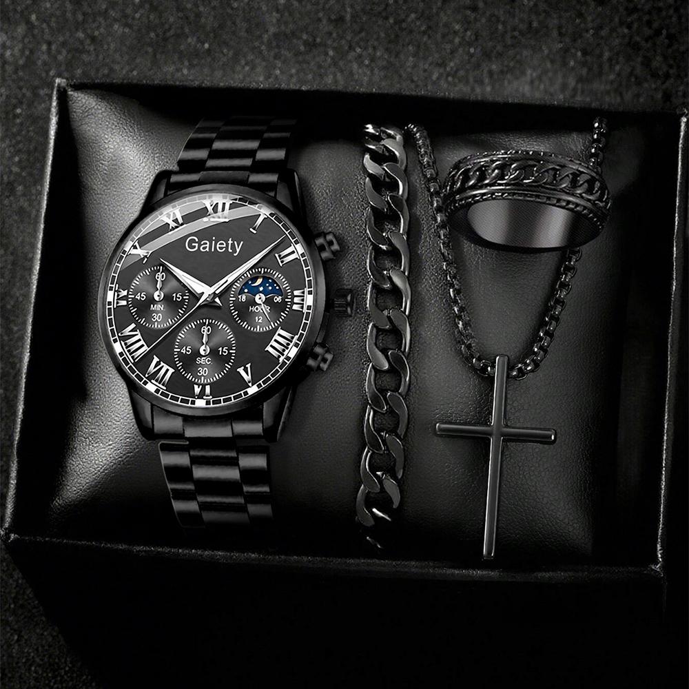 4PCS Black Men's Gift Box Watch Set Trendy Fashion Quartz Watch Bracelet Necklace Ring Set Perfect Gift Set for Friends or Dad
