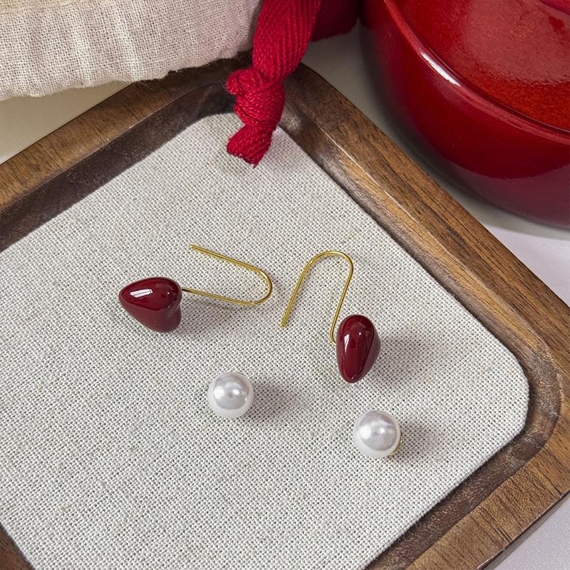 Korean Red Heart-Shaped Beads Earrings Sweet Women Jewelry Trendy Accessories красный