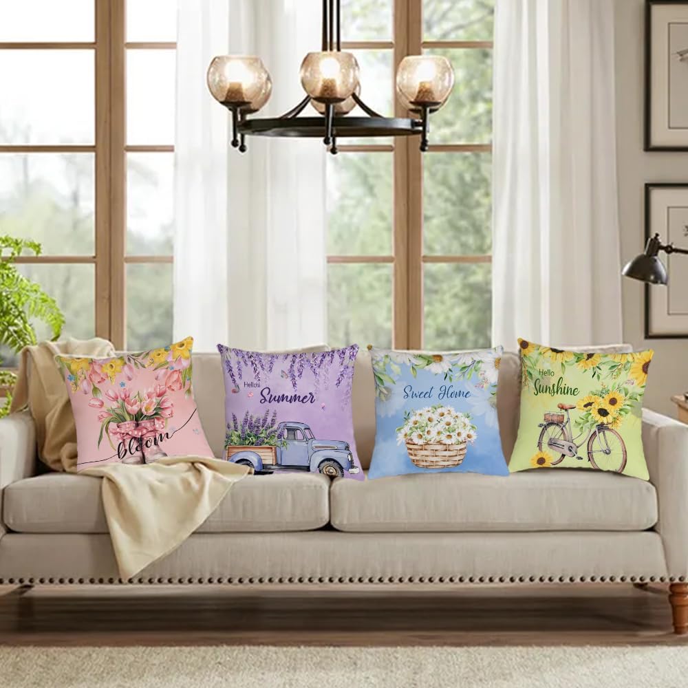 Spring Summer Pillow Covers Set Of 4 Floral Throw Pillow Covers Hello Sunshine Flower Cushion Covers Square Soft Pillow Cases