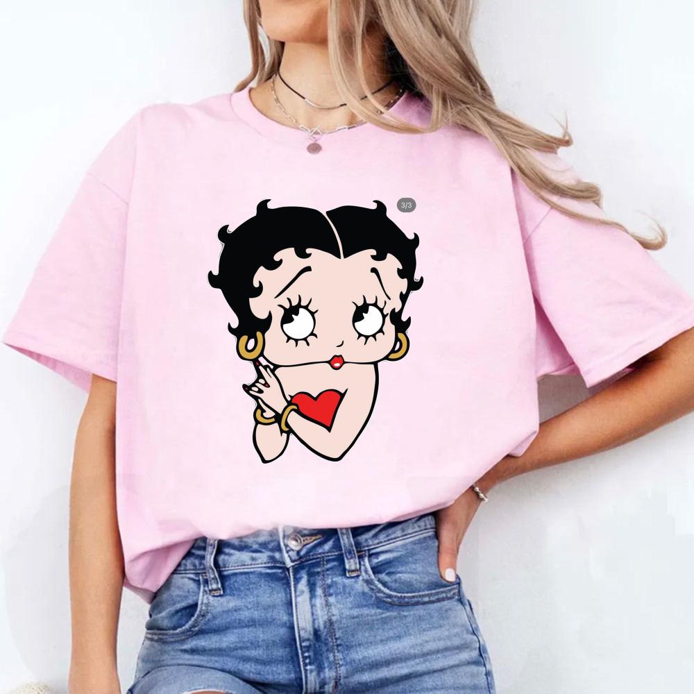 Betty Boop with Pudgy Dog Shirt Vintage Women Summer Cotton Short Sleeve Retro Cartoon Girl Graphic Printed Casual Daily Outfit