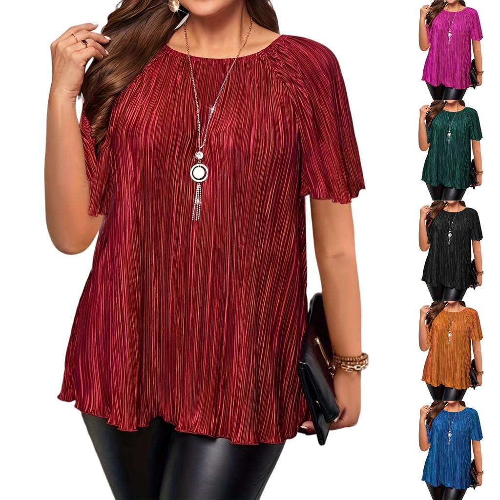 T Shirts For Women Pleated R-Neck Dressy Casual Blouses Printing Short Sleeve Summer Tops Loose Fit