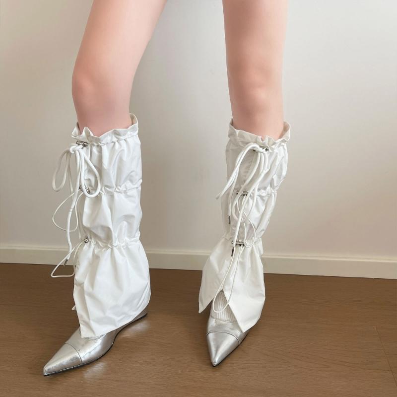 Women Harajuku Leg Warmer with Adjustable Drawstring Punk Flared Long Socks Grunge Baggy Loose Foot Cover Streetwear