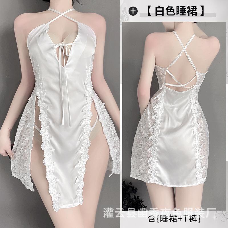 

Тонка жіноча сексуальна білизна глибоке V спокуса бічний розріз вишивка підв язка нічна сорочка зав язка M size (80-57.5 kg)