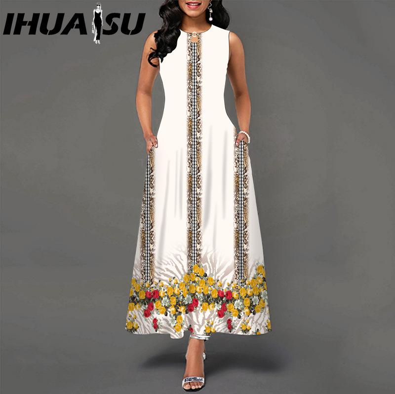 IHUASU 48 Farben Neues Damen Lockeres Vintage Blumenmuster Rüschenkleid Befree Kleid Großes Sommerparty Tanktops Elegante Maxikleider