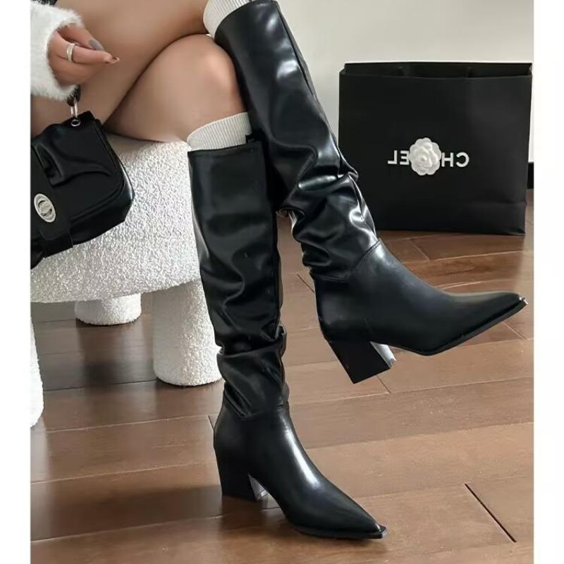 

New Style Women s Rounde Toe Crinkle Mid Calf Maroon Chunky Heels Boots Popular Cowboy Boots Big Size Zapatos Mujer 41 чёрный