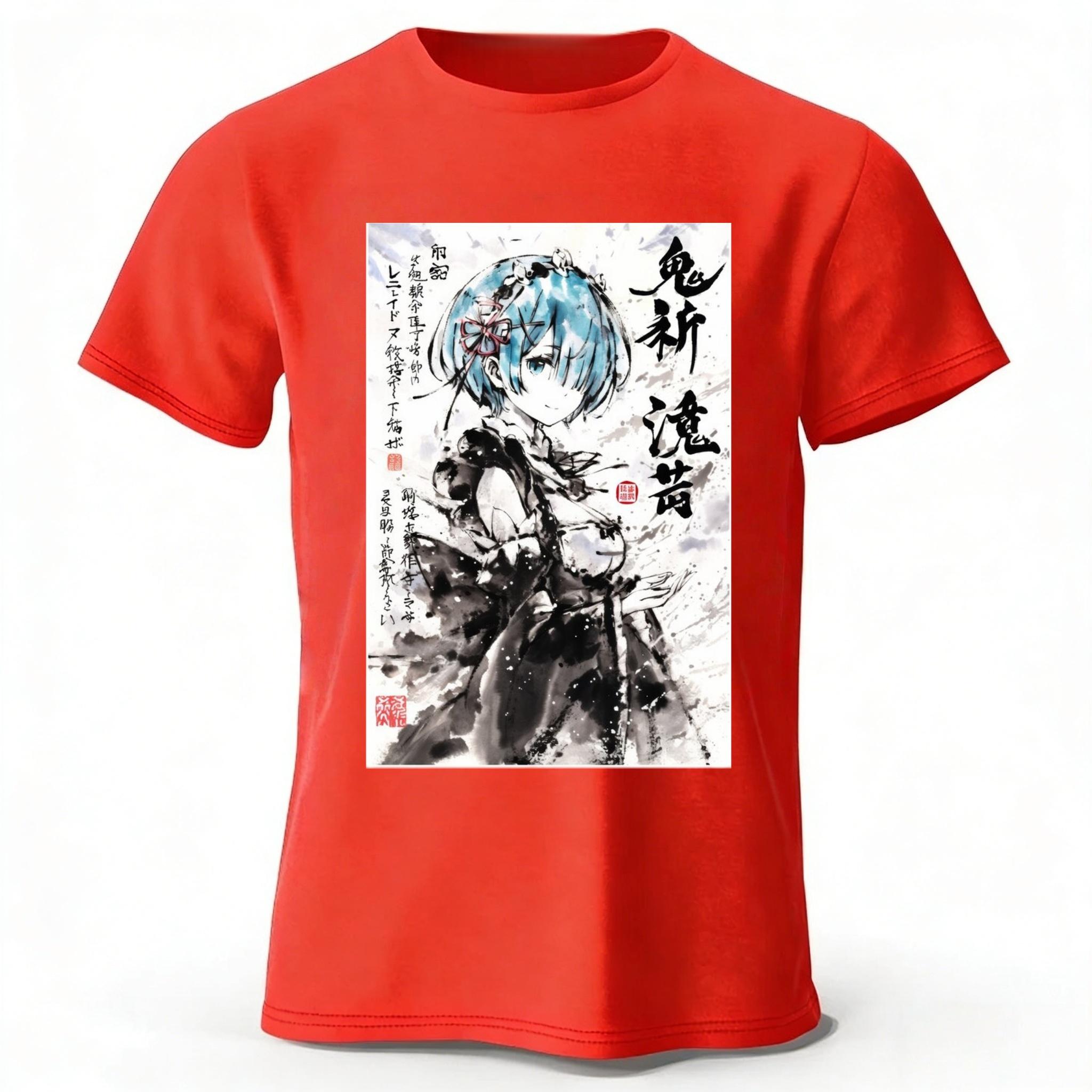 

Anime Re Rem Inkjet Style Pure Cotton Short Sleeved Summer Men Fashion Casual Sports T-shirt Loose Large Breathable Top XXXL червоний
