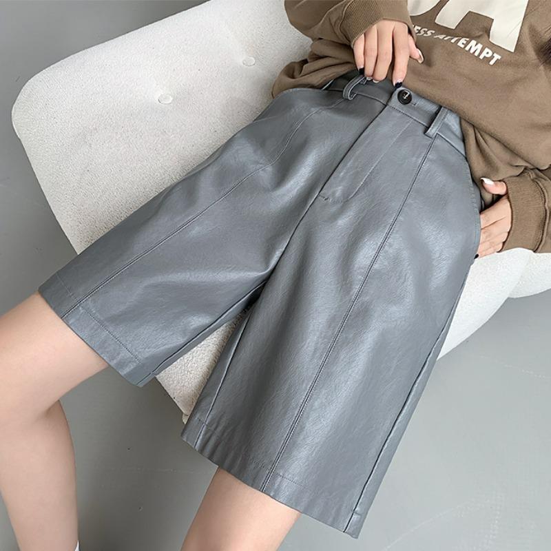 Neue PU-Waschlederhose Damen Frühling und Herbst ein Wort hohe Taille weite Beine locker gerade Fünf-Punkt-Hose dünne Stiefel