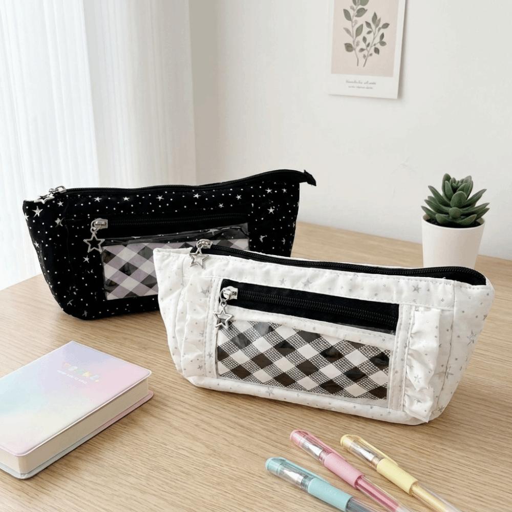 Large Capacity Star Checkered Pattern Pen Bag Lace Trim Stationery Organizer Pencil Pouch Students